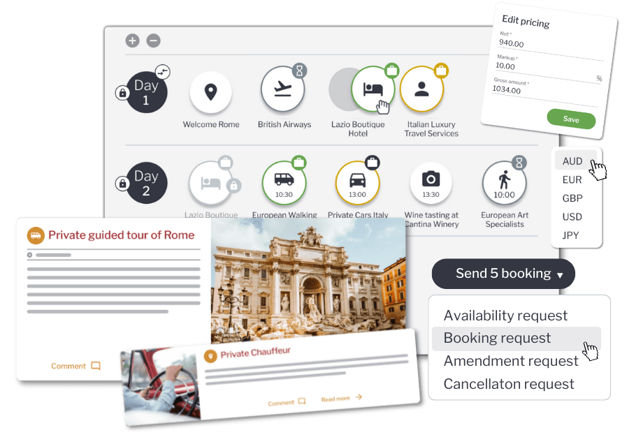 Screenshot of bookings and pricing features itinerary Builder Software for Tour Operators